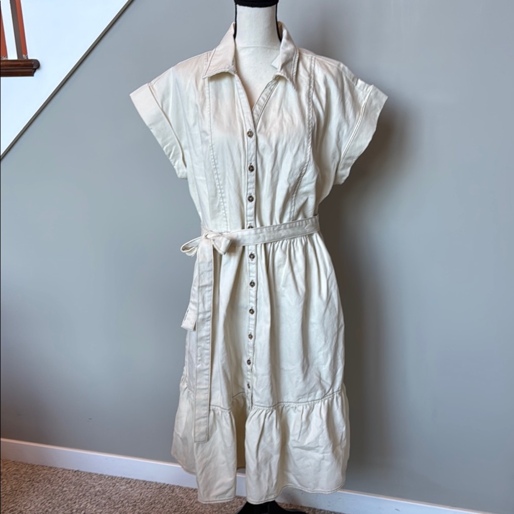 Cream Button-Front Shirt Dress with Waist Tie